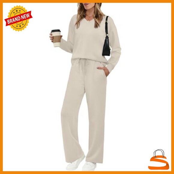 V-Neck Lounge Set with Wide Leg Pants, Soft 2-Piece Sweatsuit - Picture 2 of 8